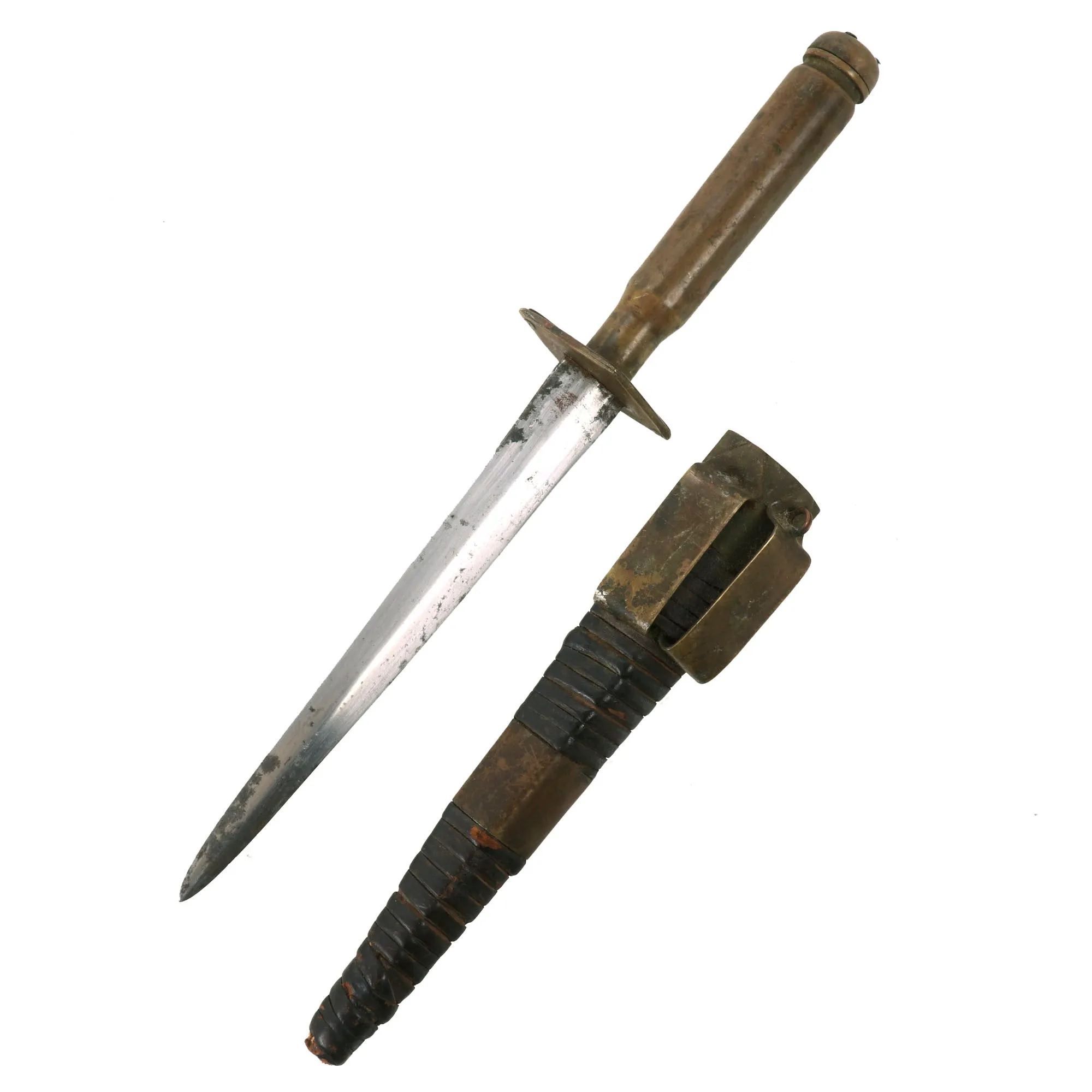 Original British WWII Fairbairn-Sykes Style Trench Knife with Bullet Casing Handle & Leather-Wrapped Scabbard