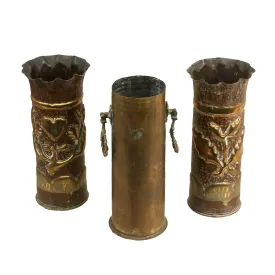 Original French WWI 75mm Artillery Shell Casing Trench Art Vase Lot - 3 Items