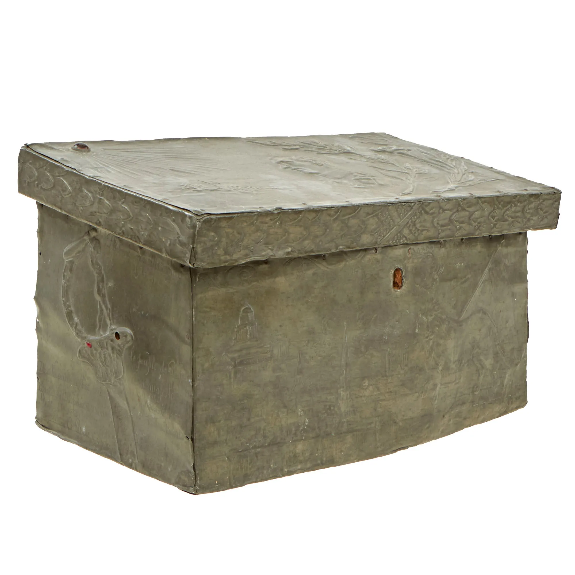 Original French WWI French Made Repoussé Pewter/Wood Belgian King Albert Commemorative Chest With Key - Featured In The Book “Trench Art, An Illustrated History” by Jane Kimball on Page 188