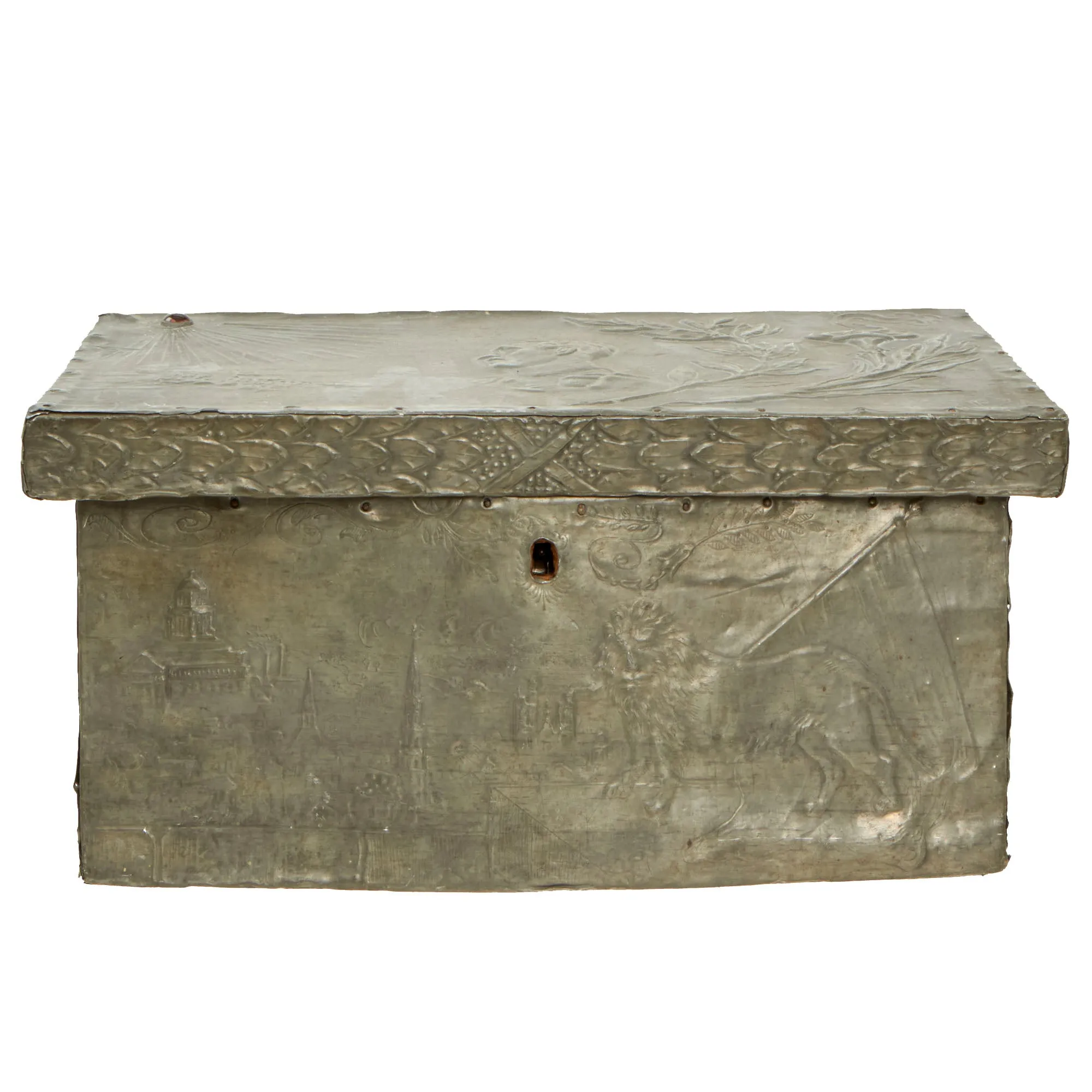 Original French WWI French Made Repoussé Pewter/Wood Belgian King Albert Commemorative Chest With Key - Featured In The Book “Trench Art, An Illustrated History” by Jane Kimball on Page 188