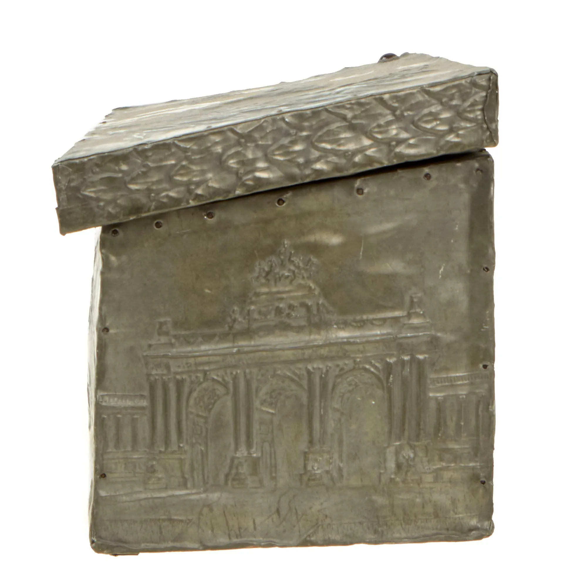 Original French WWI French Made Repoussé Pewter/Wood Belgian King Albert Commemorative Chest With Key - Featured In The Book “Trench Art, An Illustrated History” by Jane Kimball on Page 188