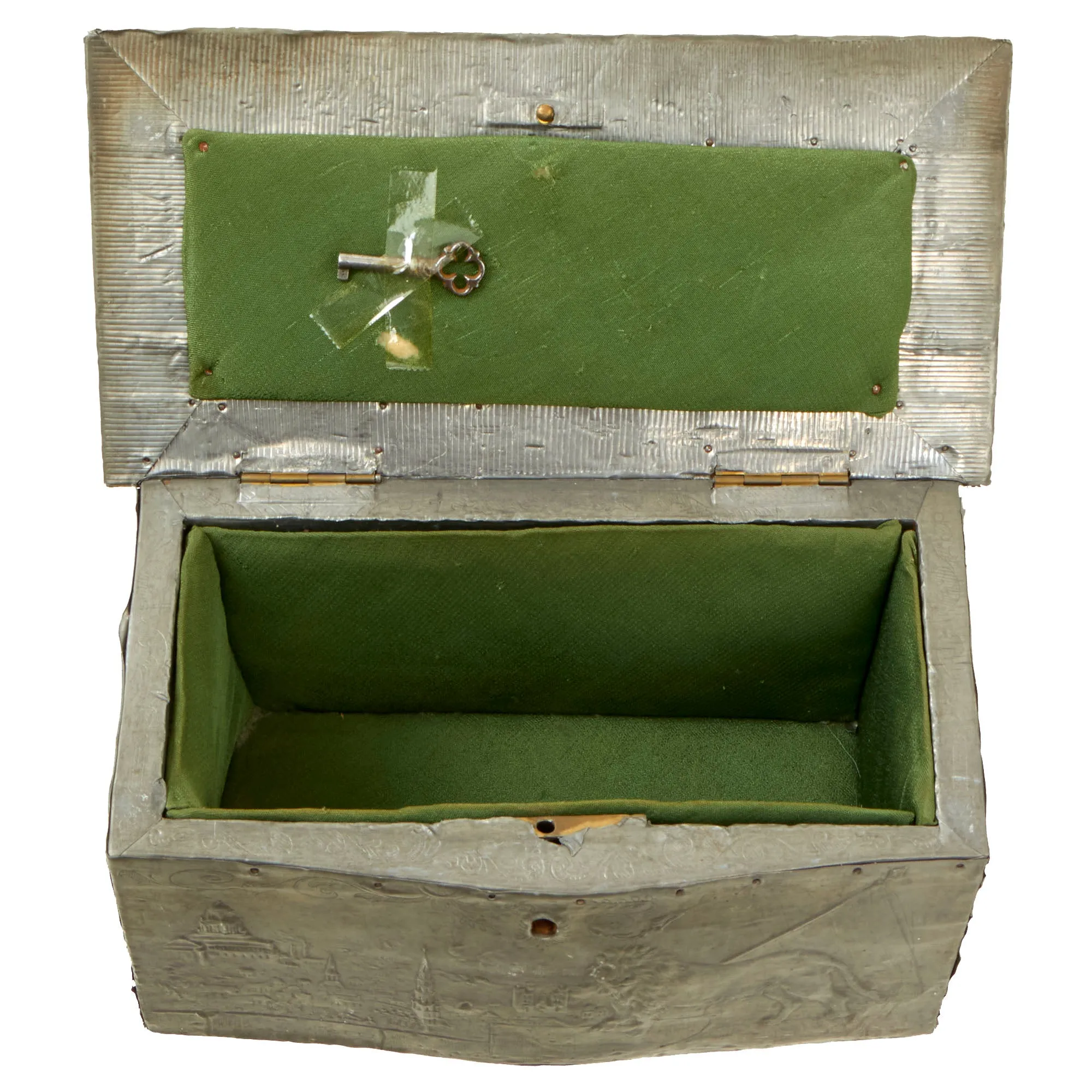 Original French WWI French Made Repoussé Pewter/Wood Belgian King Albert Commemorative Chest With Key - Featured In The Book “Trench Art, An Illustrated History” by Jane Kimball on Page 188