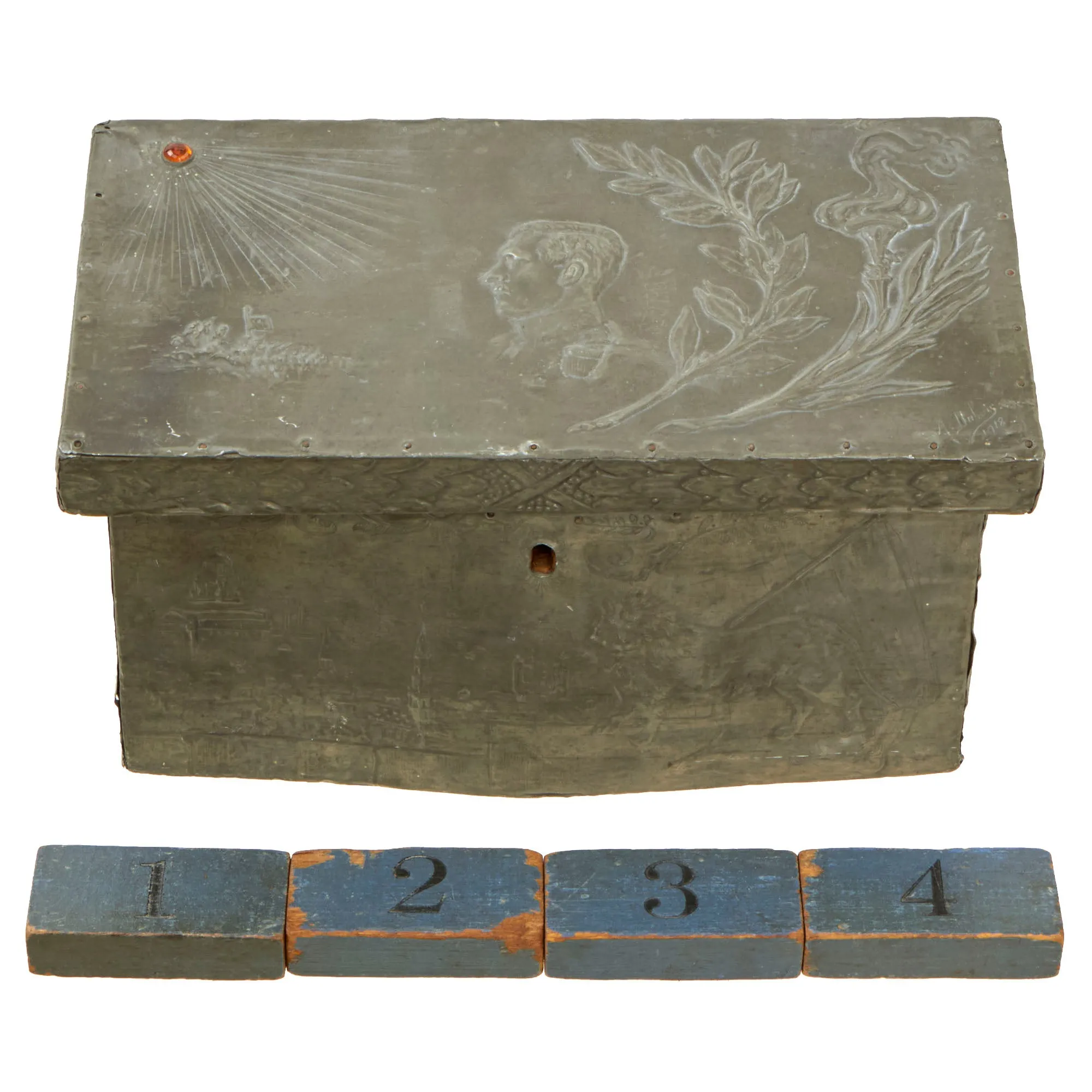 Original French WWI French Made Repoussé Pewter/Wood Belgian King Albert Commemorative Chest With Key - Featured In The Book “Trench Art, An Illustrated History” by Jane Kimball on Page 188