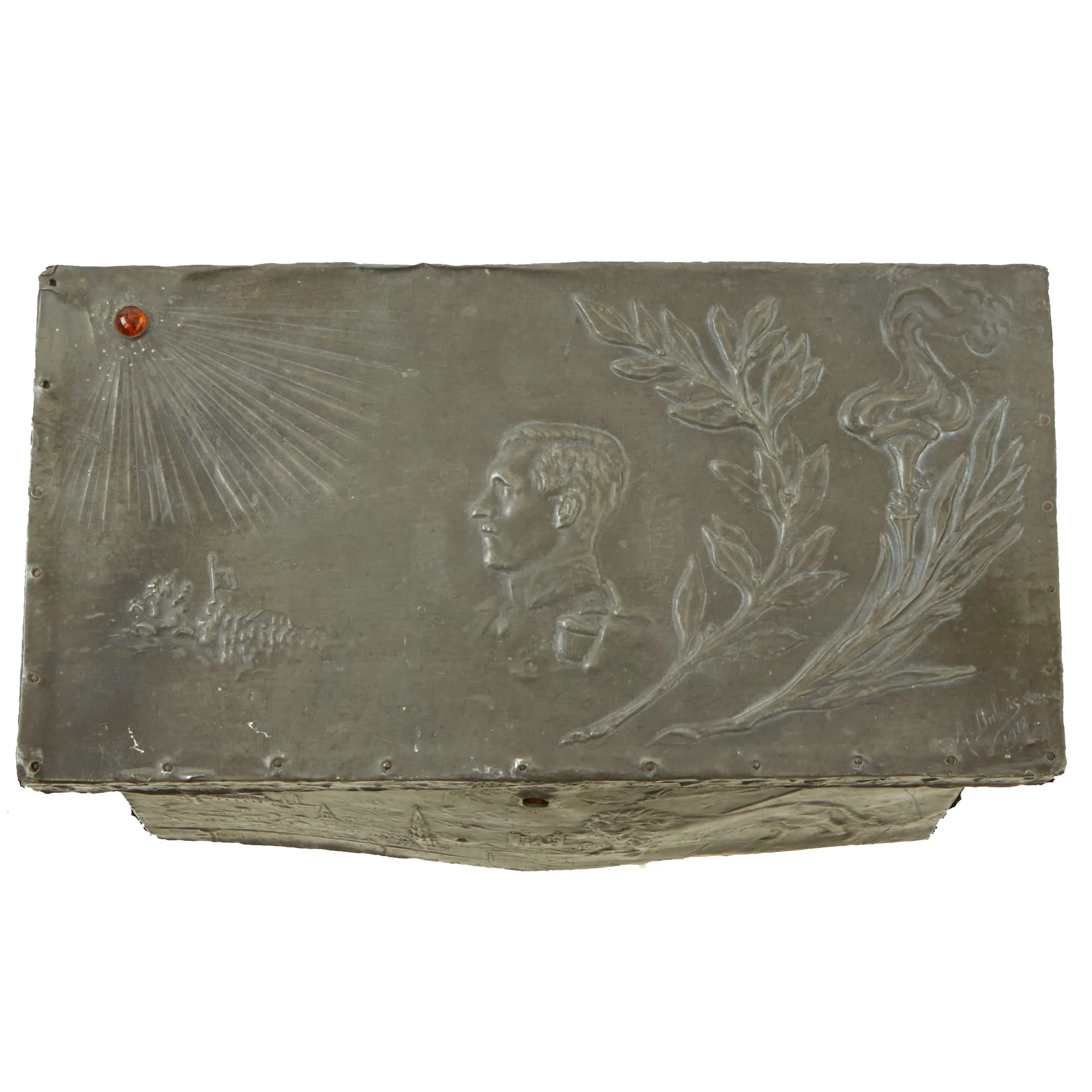 Original French WWI French Made Repoussé Pewter/Wood Belgian King Albert Commemorative Chest With Key - Featured In The Book “Trench Art, An Illustrated History” by Jane Kimball on Page 188