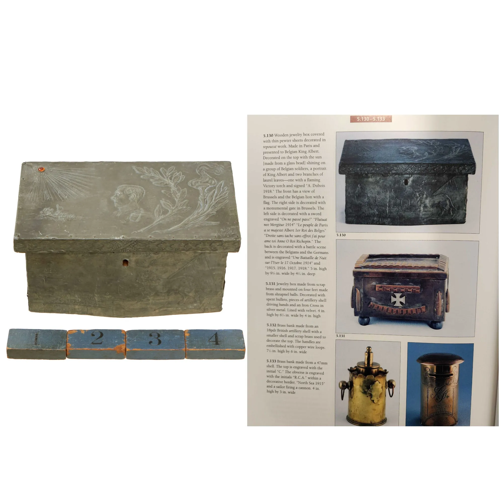 Original French WWI French Made Repoussé Pewter/Wood Belgian King Albert Commemorative Chest With Key - Featured In The Book “Trench Art, An Illustrated History” by Jane Kimball on Page 188