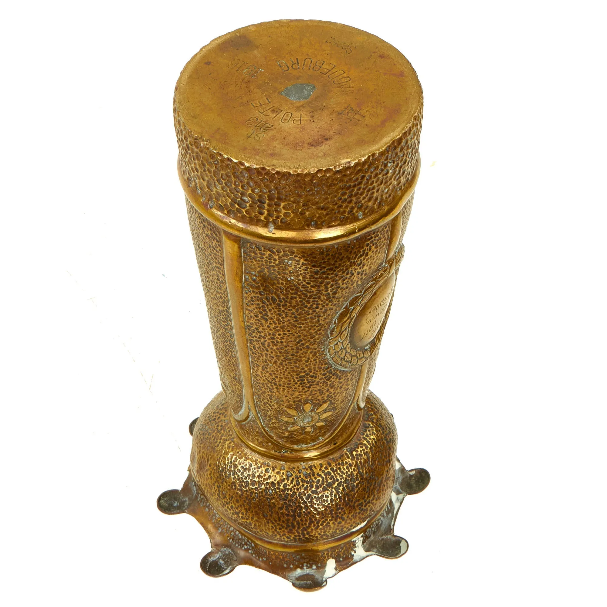 Original Imperial German Deutsche Luftstreitkräfte Air Service Shell Casing Trench Art Vase With Relief of Bavarian Pilot’s Badge