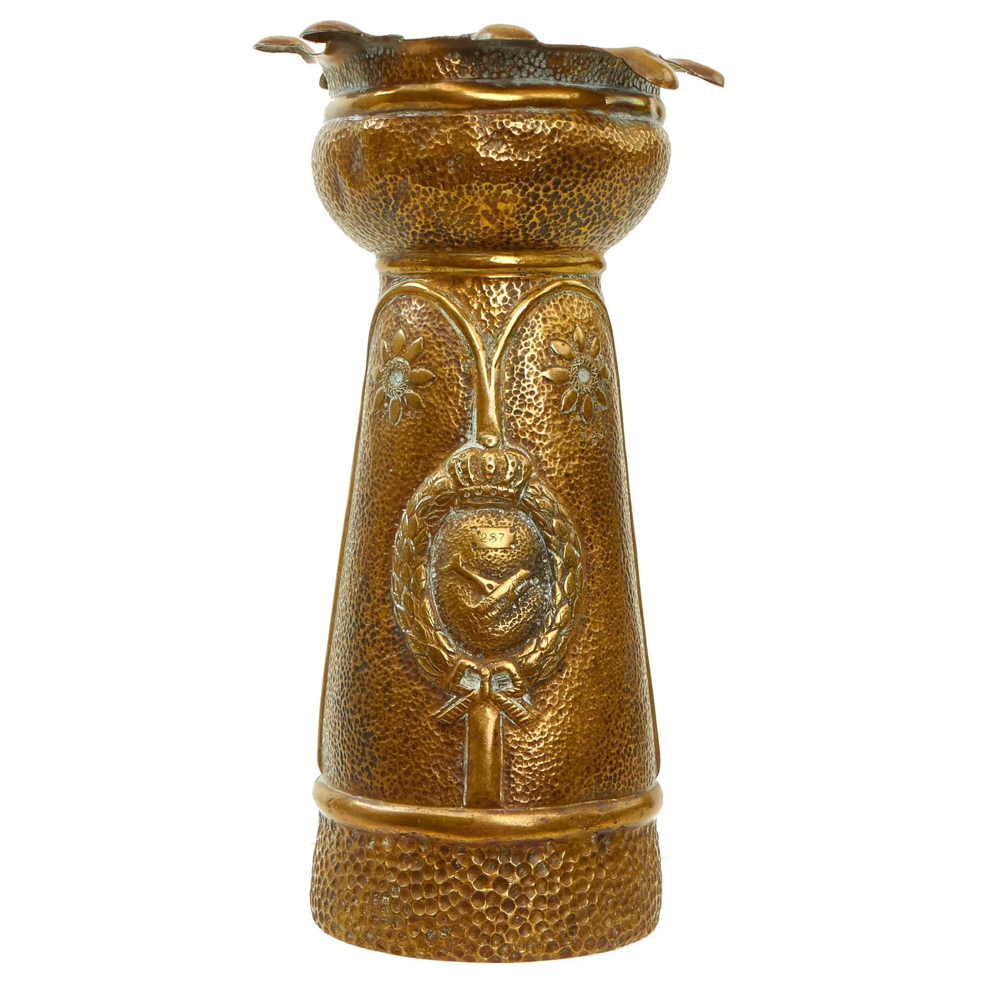 Original Imperial German Deutsche Luftstreitkräfte Air Service Shell Casing Trench Art Vase With Relief of Bavarian Pilot’s Badge