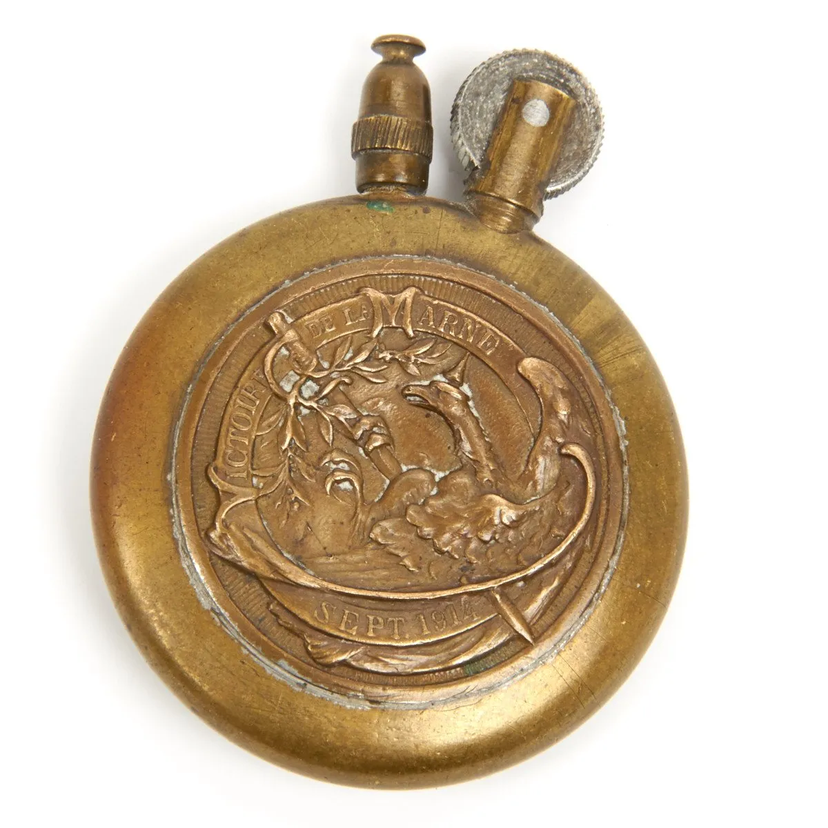 Original U.S. WWI All Brass Circular Military Cigarette Lighter with Flags and American Eagle