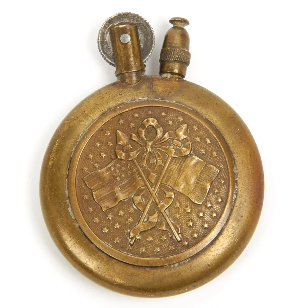 Original U.S. WWI All Brass Circular Military Cigarette Lighter with Flags and American Eagle