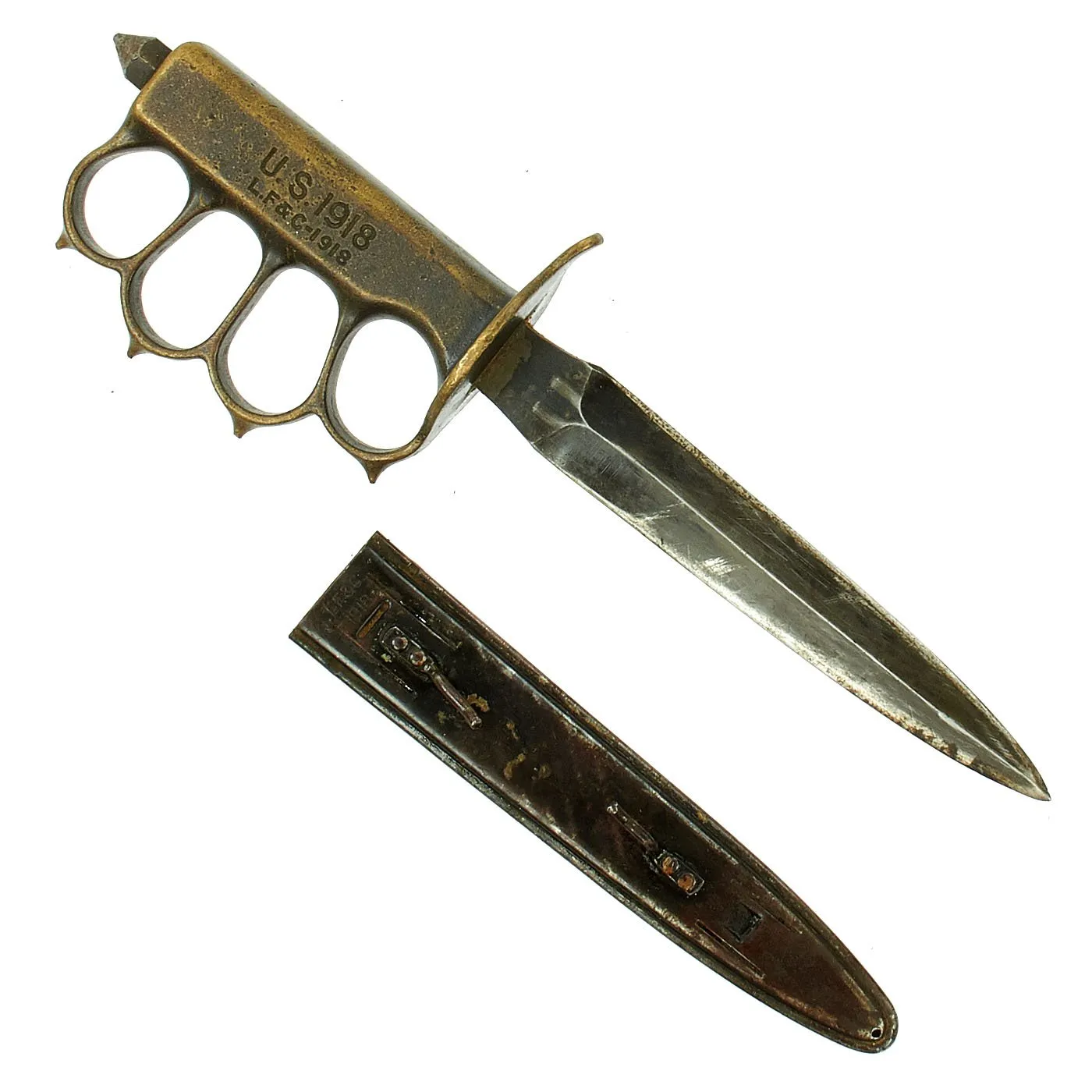 Original U.S. WWI Model 1918 Mark I Trench Knife by L. F. & C. with Steel Scabbard - 1918 Dated