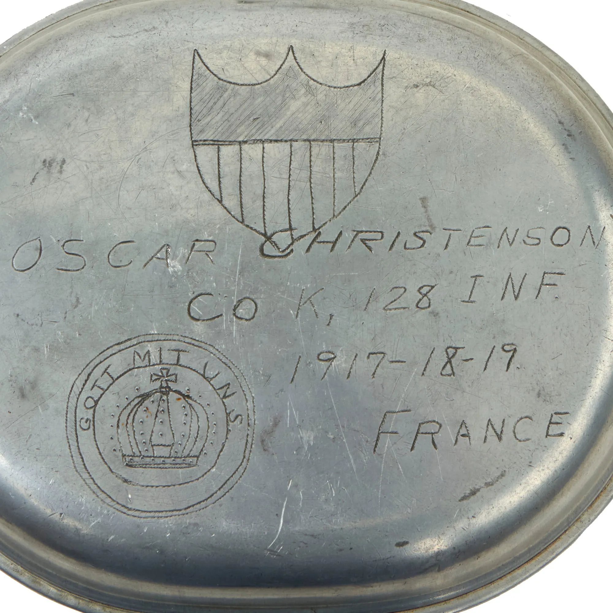 Original U.S. WWI Trench Art M1910 Mess Kit by L.F.&C. Personalized by Private Oscar Christenson, 128th Infantry Regiment, 32 Division As Featured In The Book “Trench Art, An Illustrated History” by Jane Kimball on Page 226