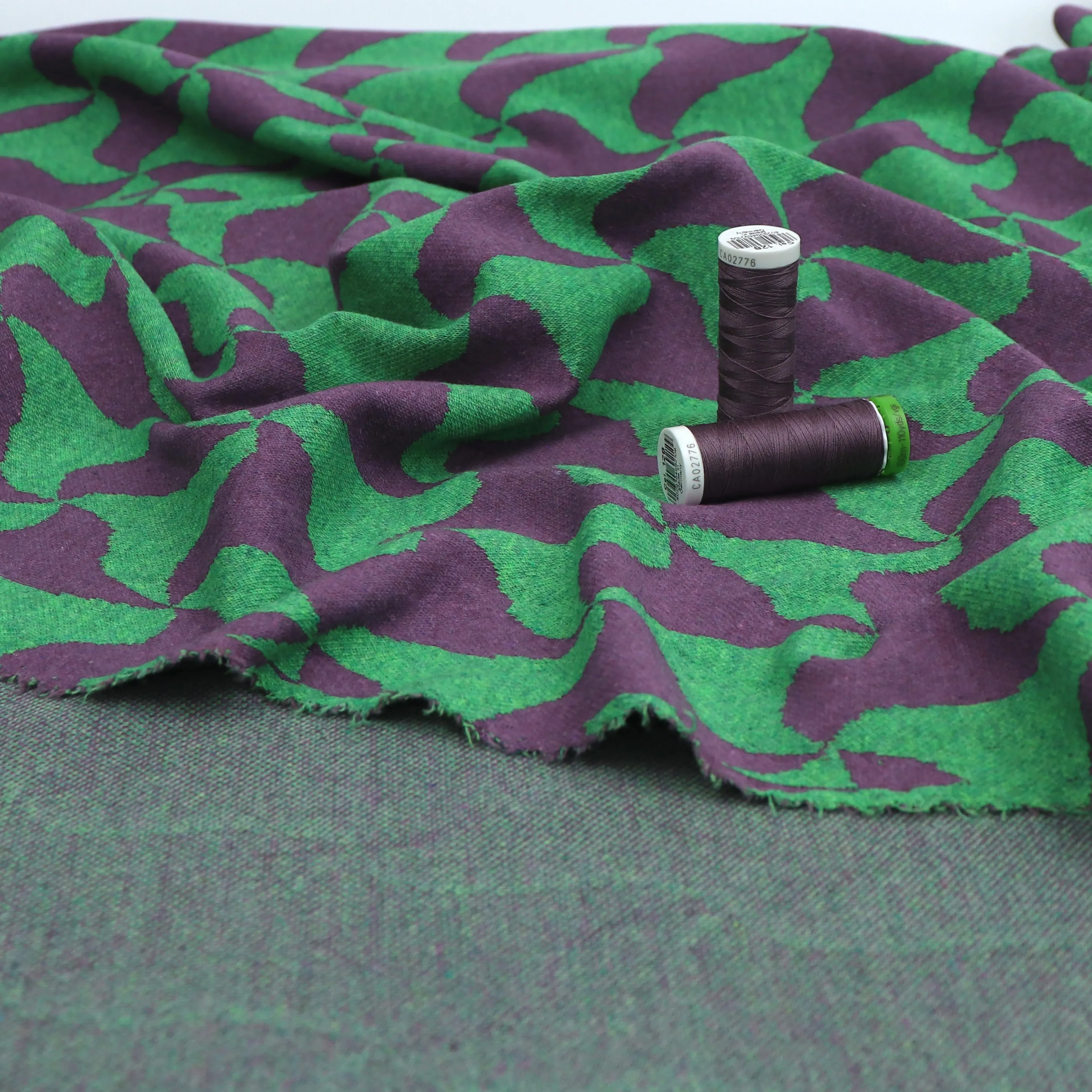 Recycled Cotton Blend Jacquard Knit - Abstract Waves - Green   Purple