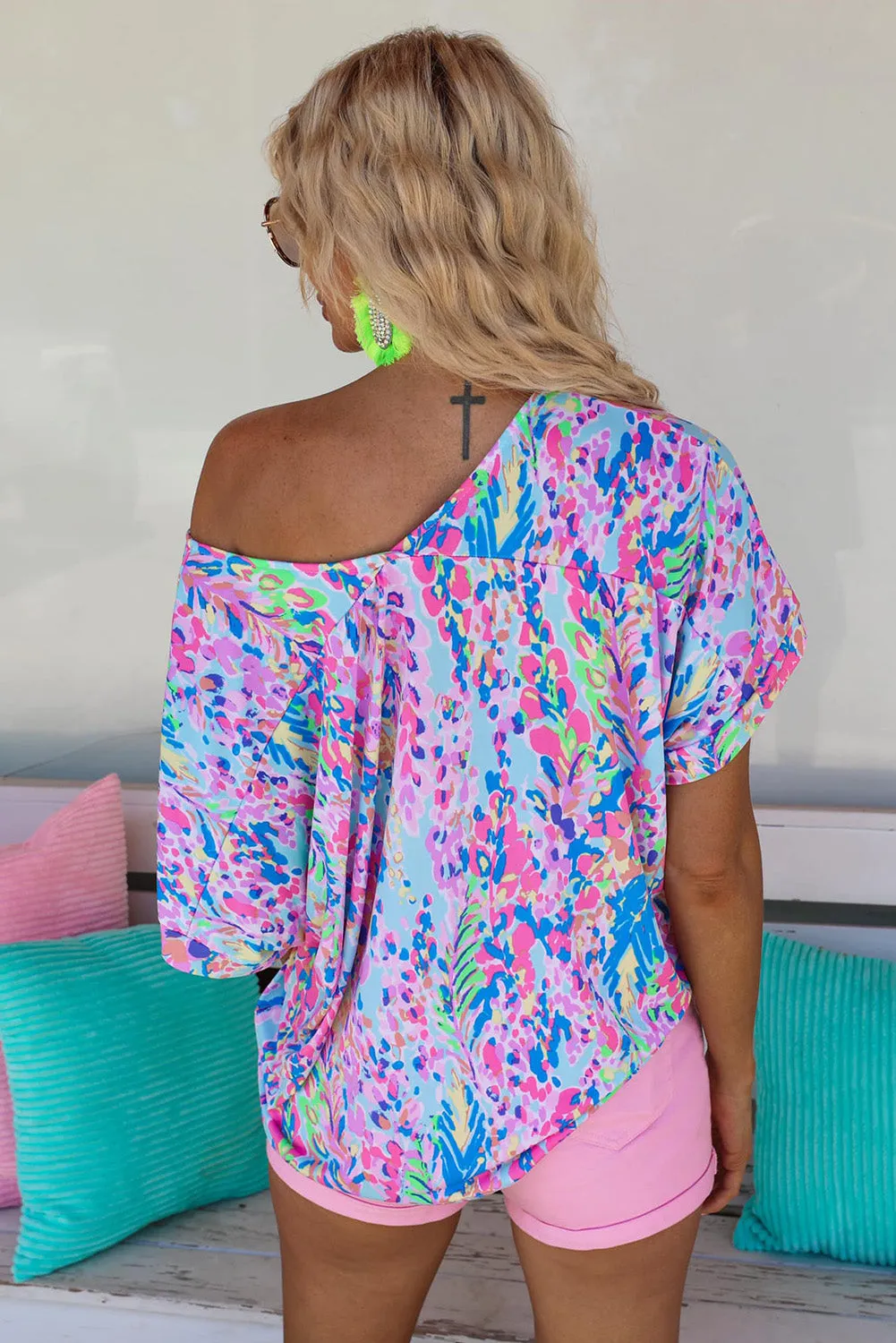 Sky Blue Painted Floral Short Sleeve Top