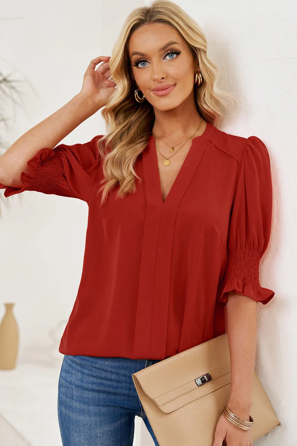 Smocked Flounce Sleeve Notched Neck Blouse