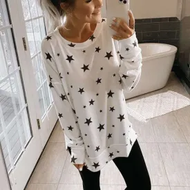 Star print loose plus size long sleeve T-shirt