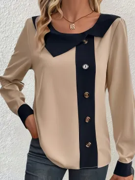 Stylish Plus Size Colorblock Blouse with Button Accents