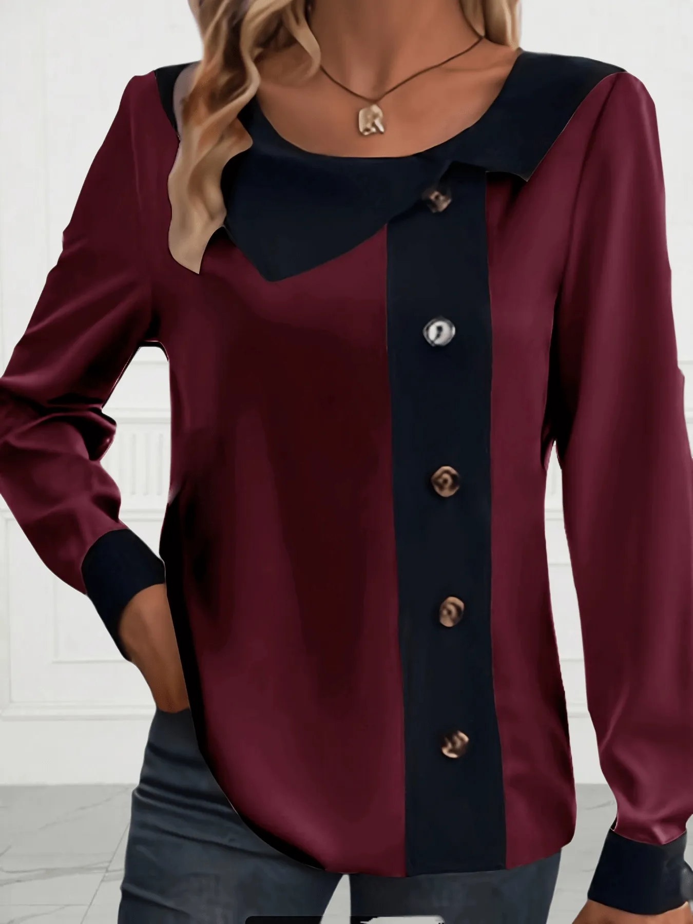 Stylish Plus Size Colorblock Blouse with Button Accents