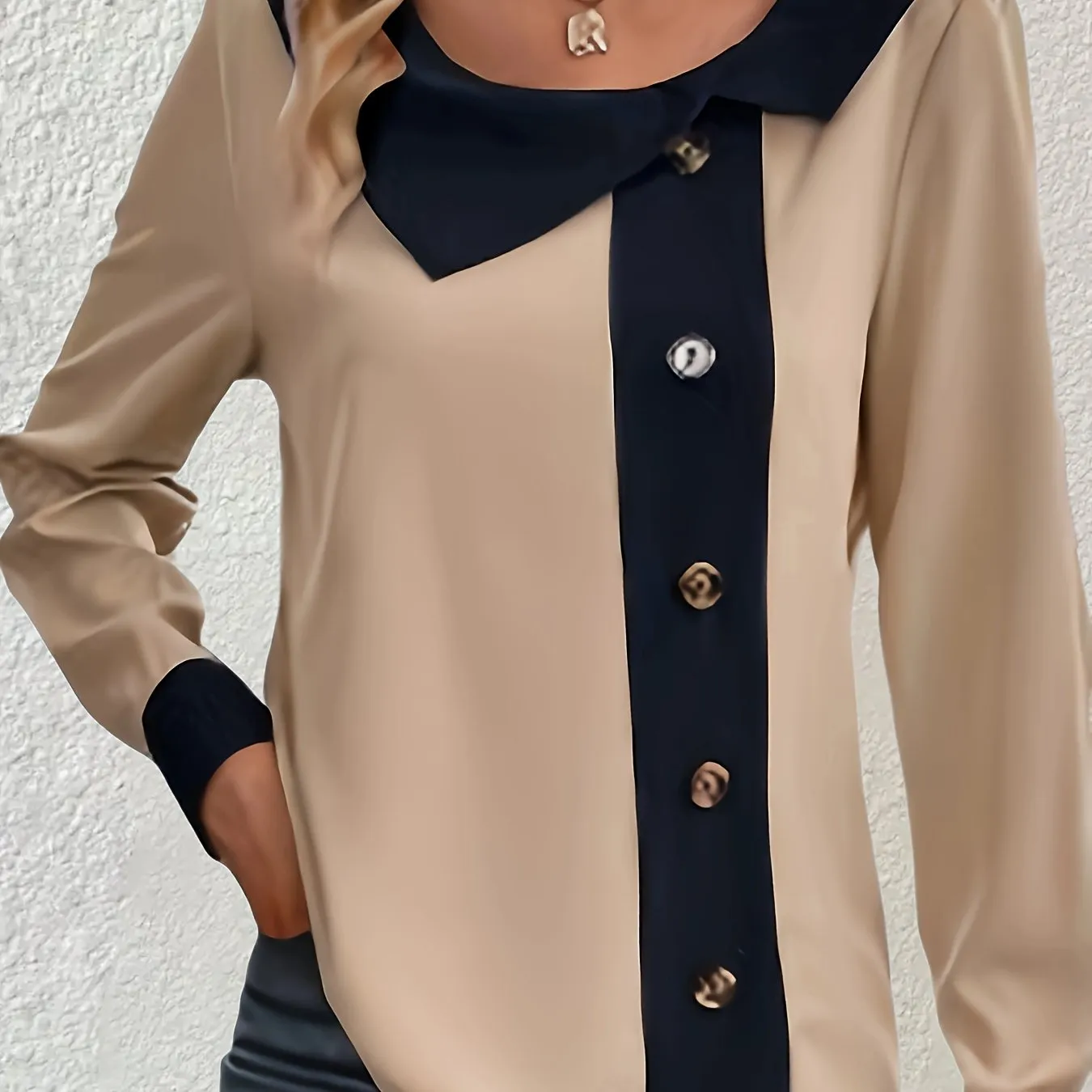 Stylish Plus Size Colorblock Blouse with Button Accents