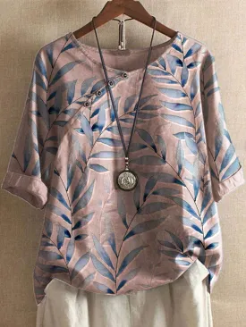 Summer cotton print national style retro short round neck pullover three-quarter sleeve top