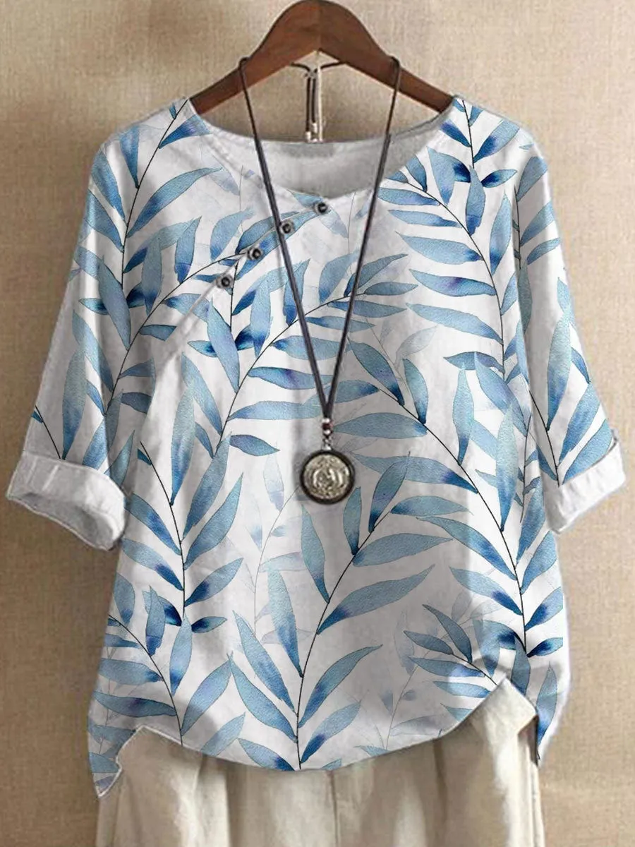 Summer cotton print national style retro short round neck pullover three-quarter sleeve top