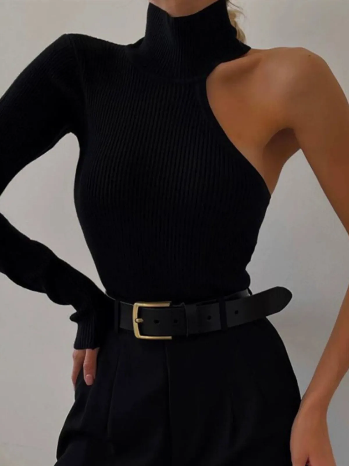 Trendy Black One Sleeve Turtleneck Blouse