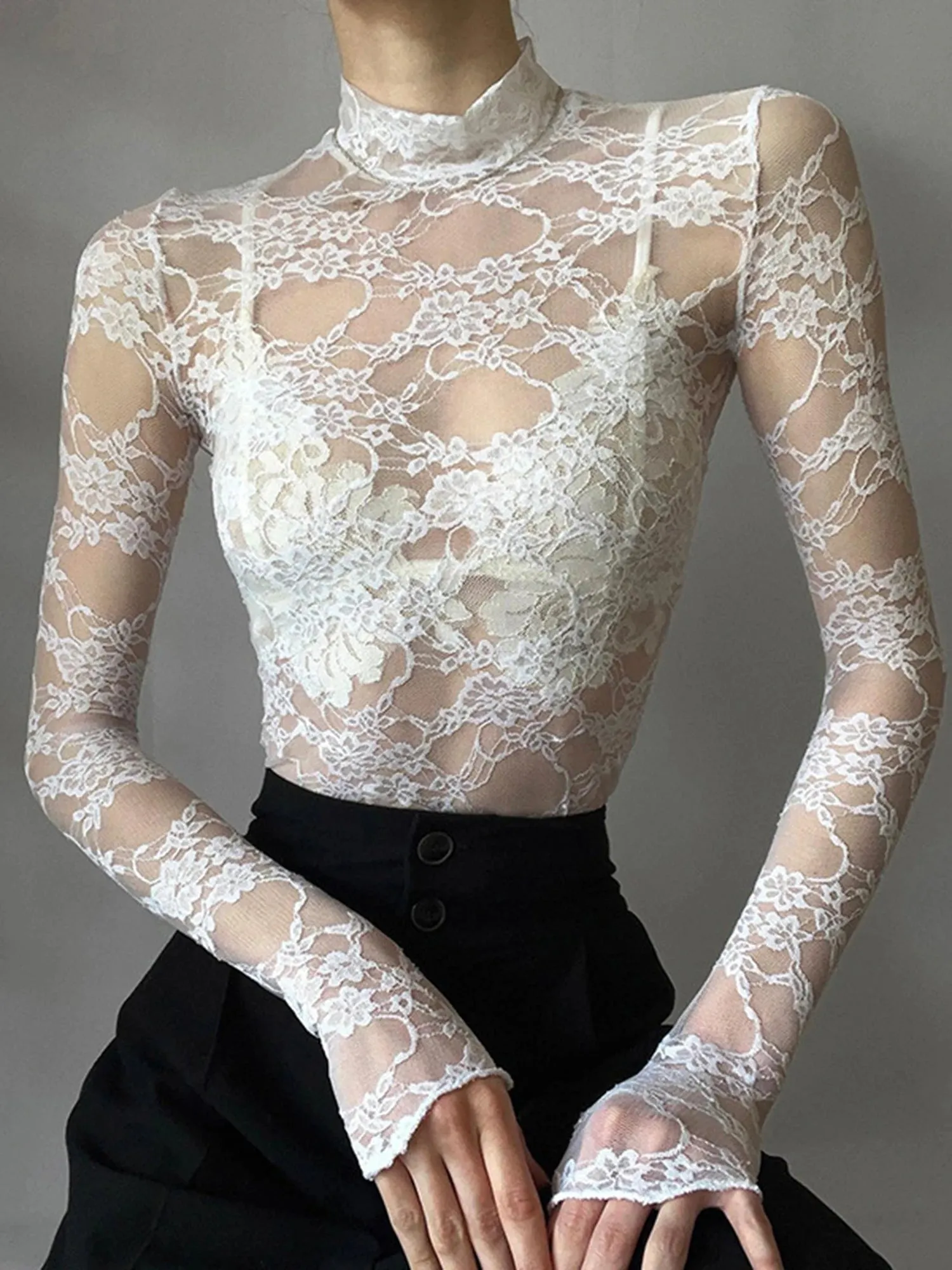 Trendy Lace Floral Mock Neck Blouse