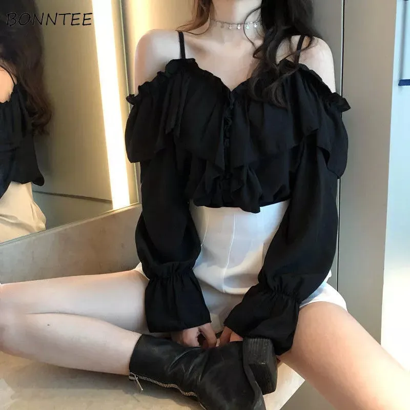 Trendy Off Shoulder Ruffles Sleeve Blouse