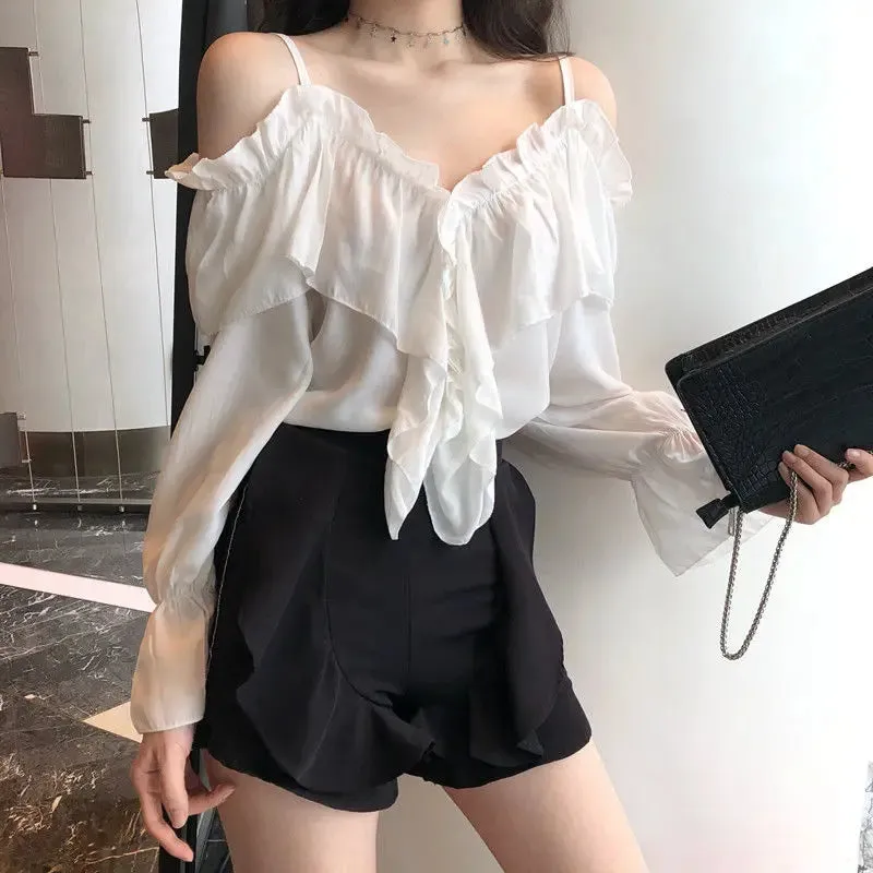 Trendy Off Shoulder Ruffles Sleeve Blouse