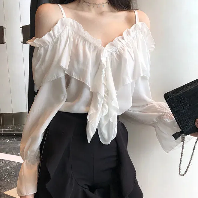 Trendy Off Shoulder Ruffles Sleeve Blouse