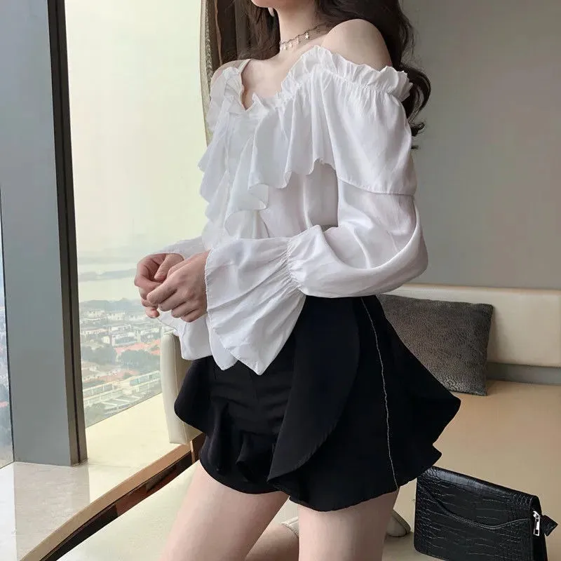 Trendy Off Shoulder Ruffles Sleeve Blouse