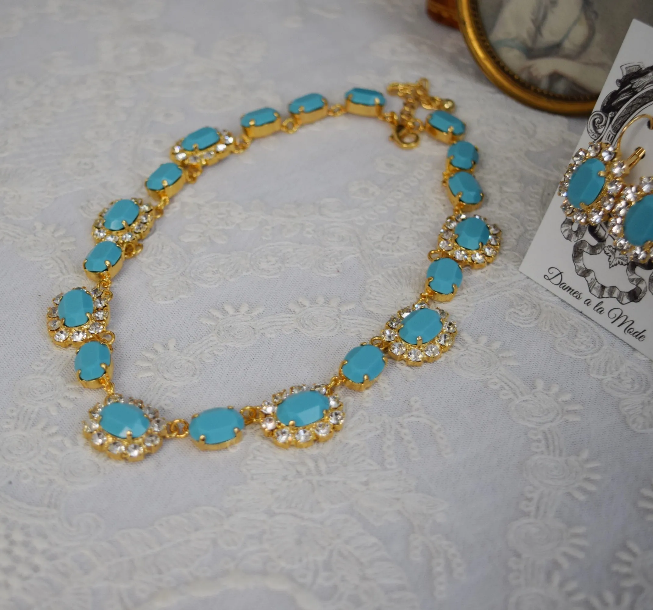 Turquoise and Crystal Swarovski Halo Necklace - Medium Oval