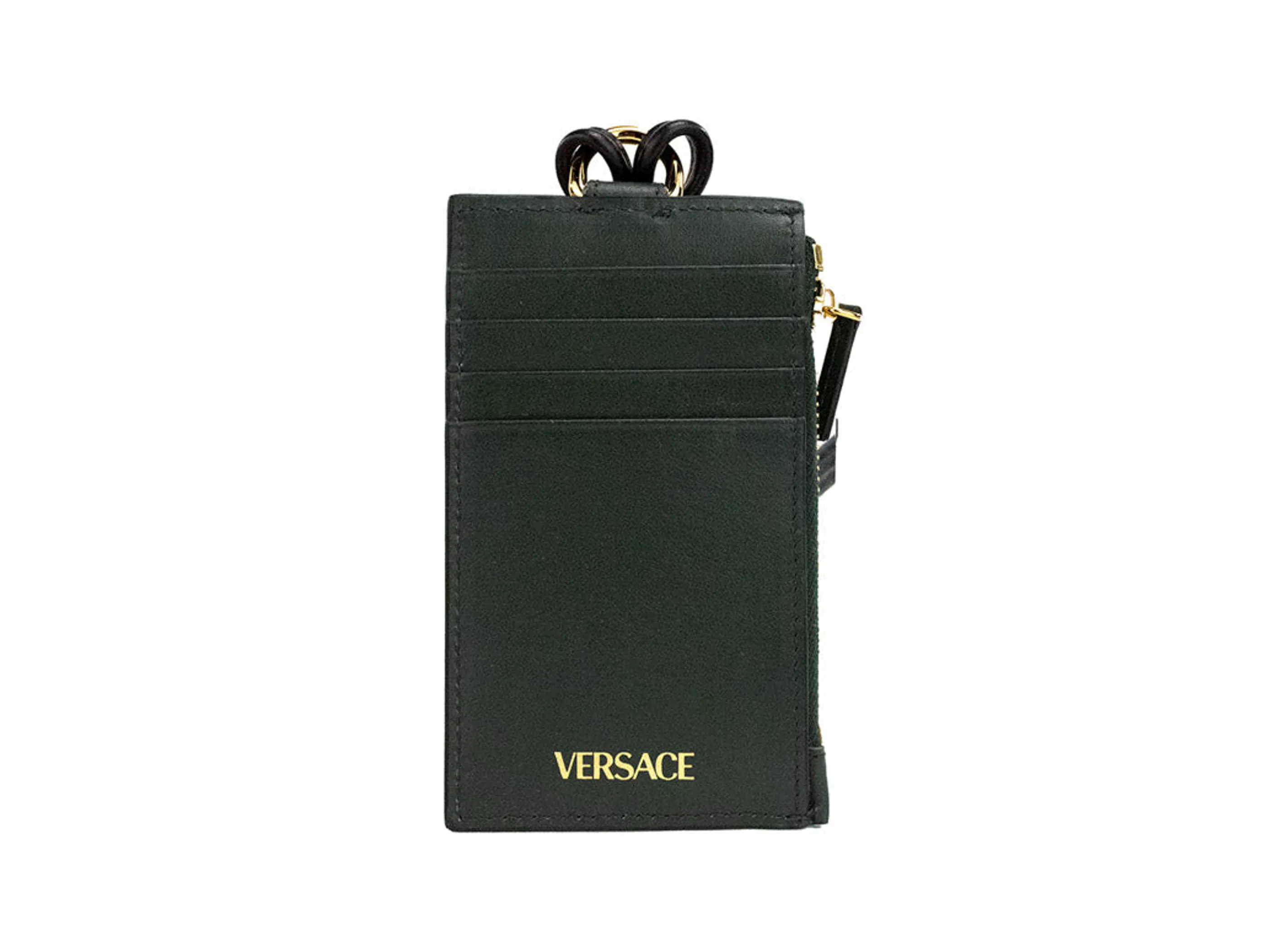 Versace Bottle Green Leather Zip Card Case Lanyard Wallet